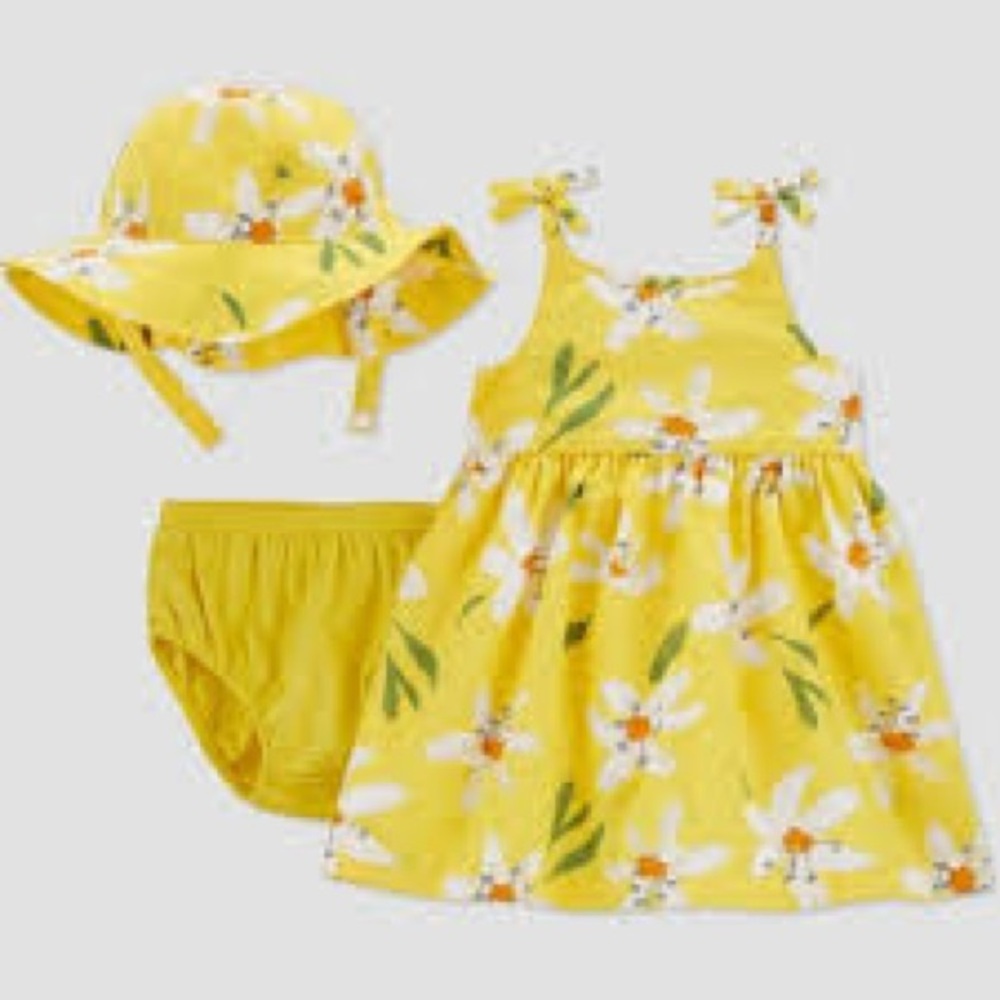 Carters Just One You Baby Girl Yellow Floral Dress and hat Set - 18 months